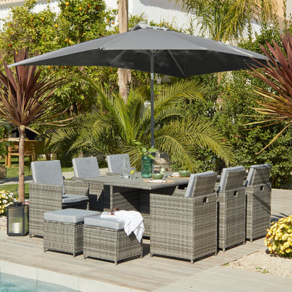 10 Seater Rattan Cube Garden Dining Set with Grey Parasol - Grey Weave Polywood Top - Laura James