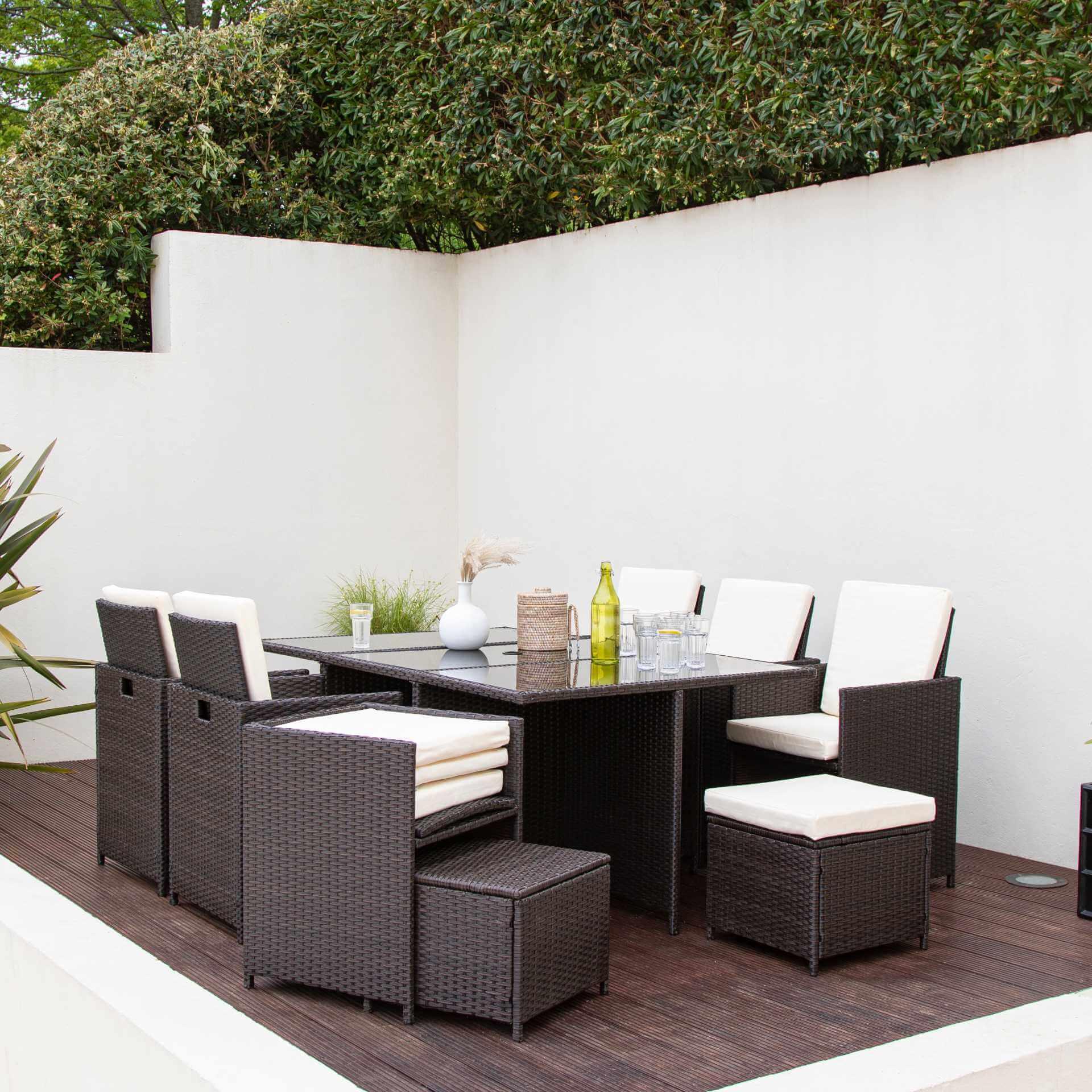 10 Seater Rattan Cube Garden Dining Set with Parasol - Mixed Brown Weave - Laura James