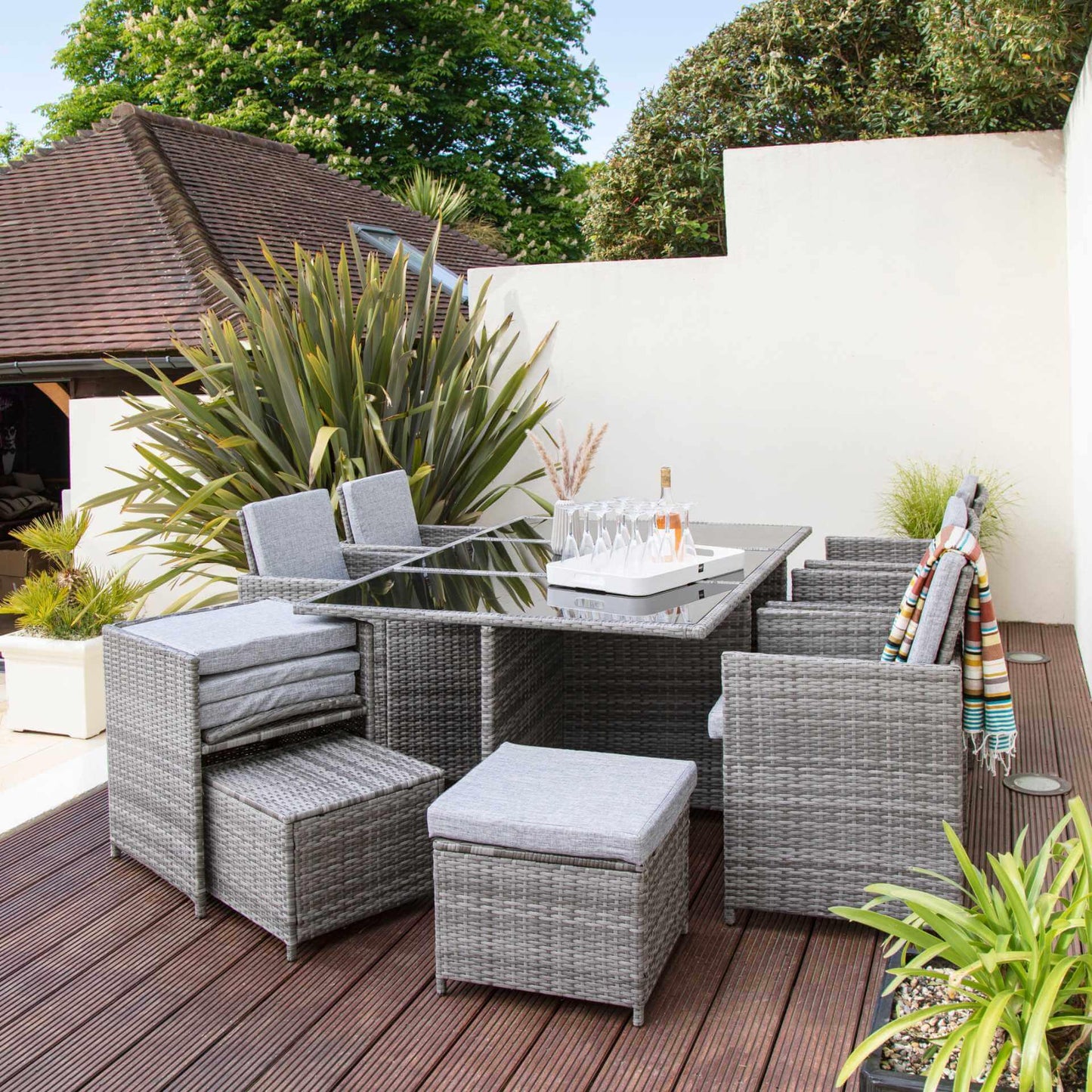 10 Seater Rattan Cube Outdoor Dining Set - Grey Weave - Laura James