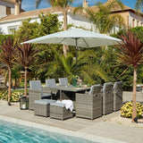 10 Seater Rattan Cube Outdoor Dining Set with Cream LED Premium Parasol - Grey Weave Polywood Top