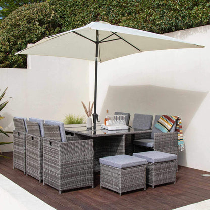 10 Seat Rattan Cube Outdoor Dining Set with Premium Parasol and Parasol Rain Cover - Grey Weave - Laura James