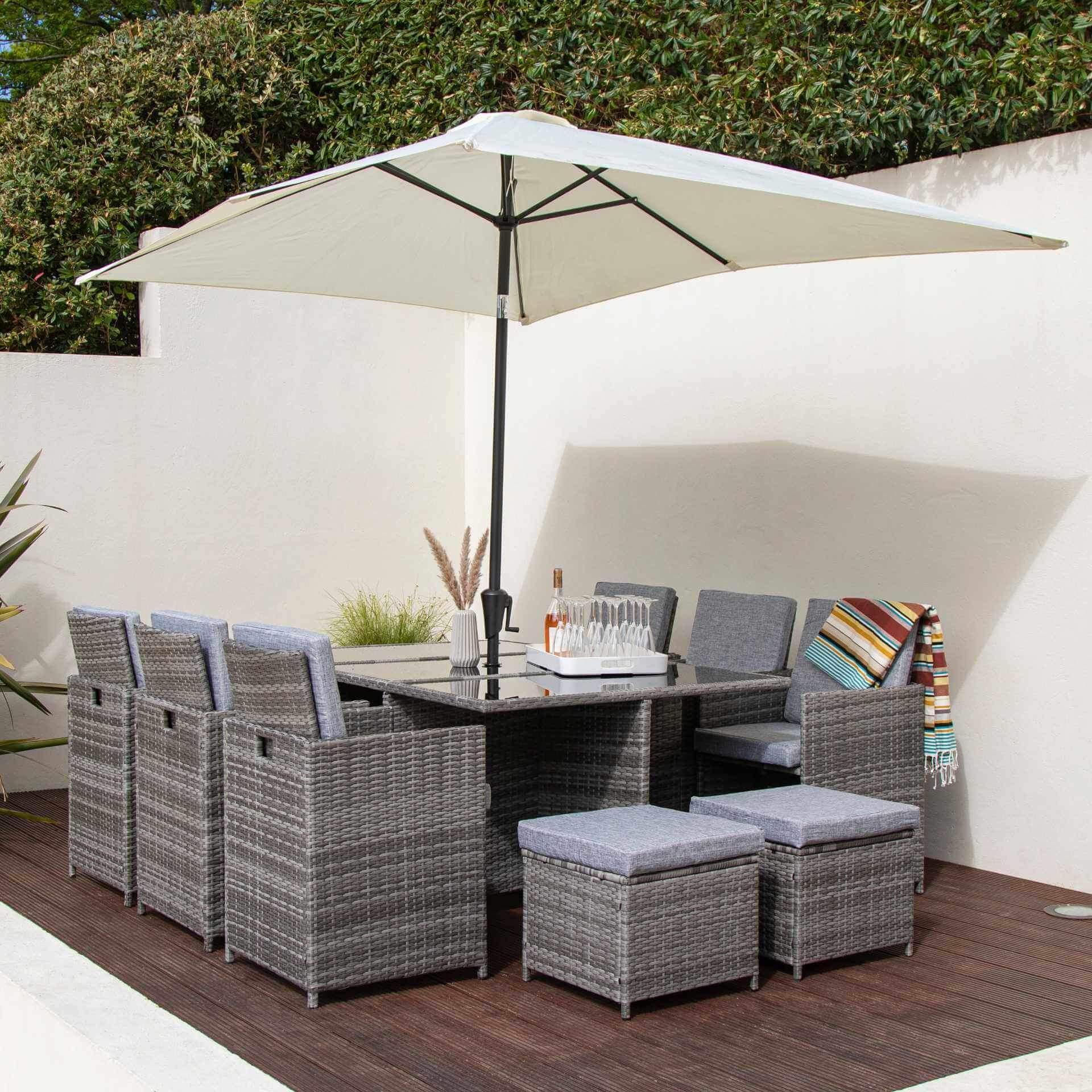 Cube 10 Seater Rattan Outdoor Dining Set Cream LED Premium Parasol Weave