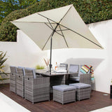 10 Seat Rattan Cube Outdoor Dining Set with Premium Parasol and Parasol Rain Cover - Grey Weave - Laura James