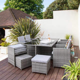 10 Seat Rattan Cube Outdoor Dining Set with Premium Parasol and Parasol Rain Cover - Grey Weave - Laura James