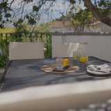 8 Seater Rattan Cube Outdoor Dining Set with Premium LED Grey Parasol - Black Weave Polywood Top - Laura James