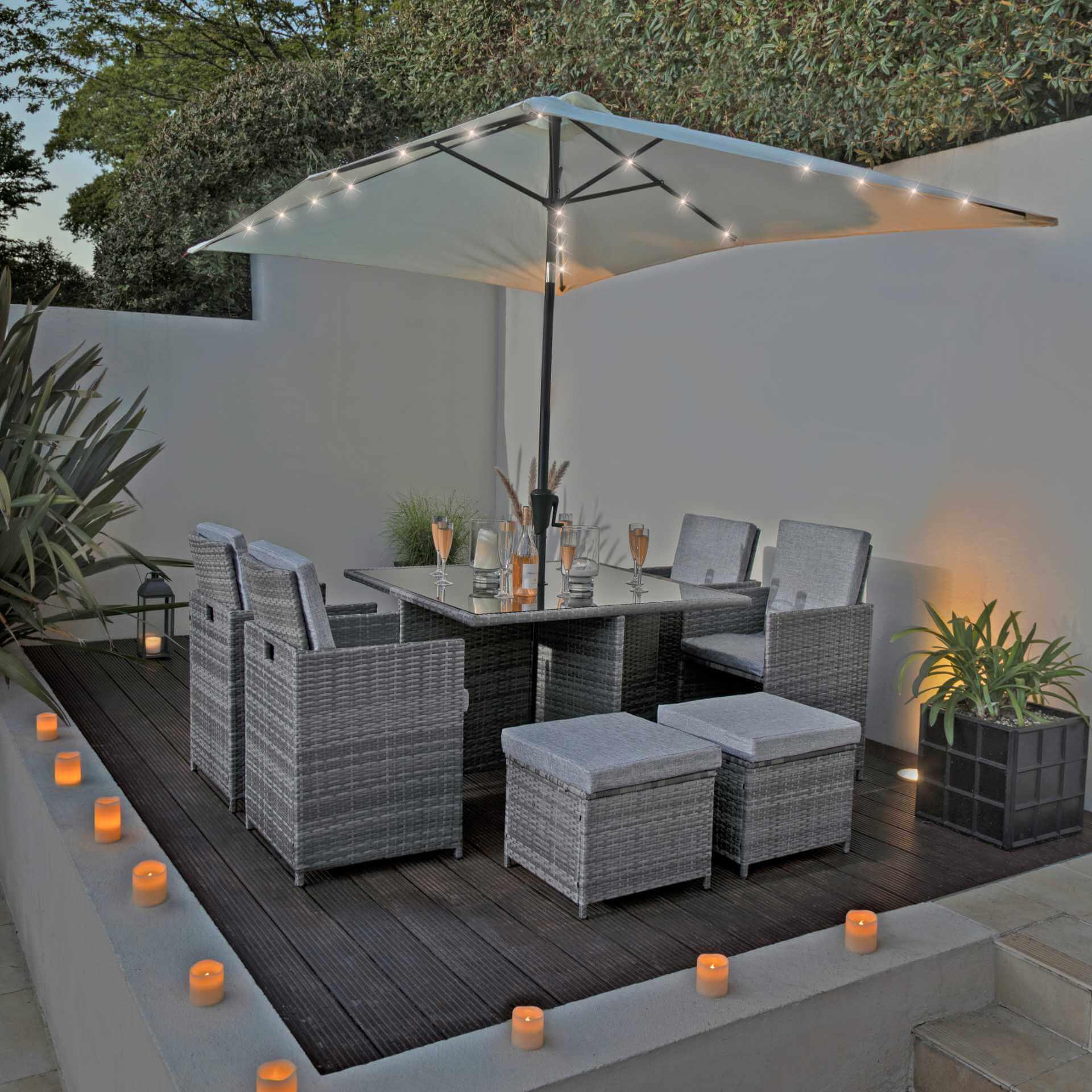 Seat Grey Weave Cushion Rattan Cube Outdoor Dining Set LED