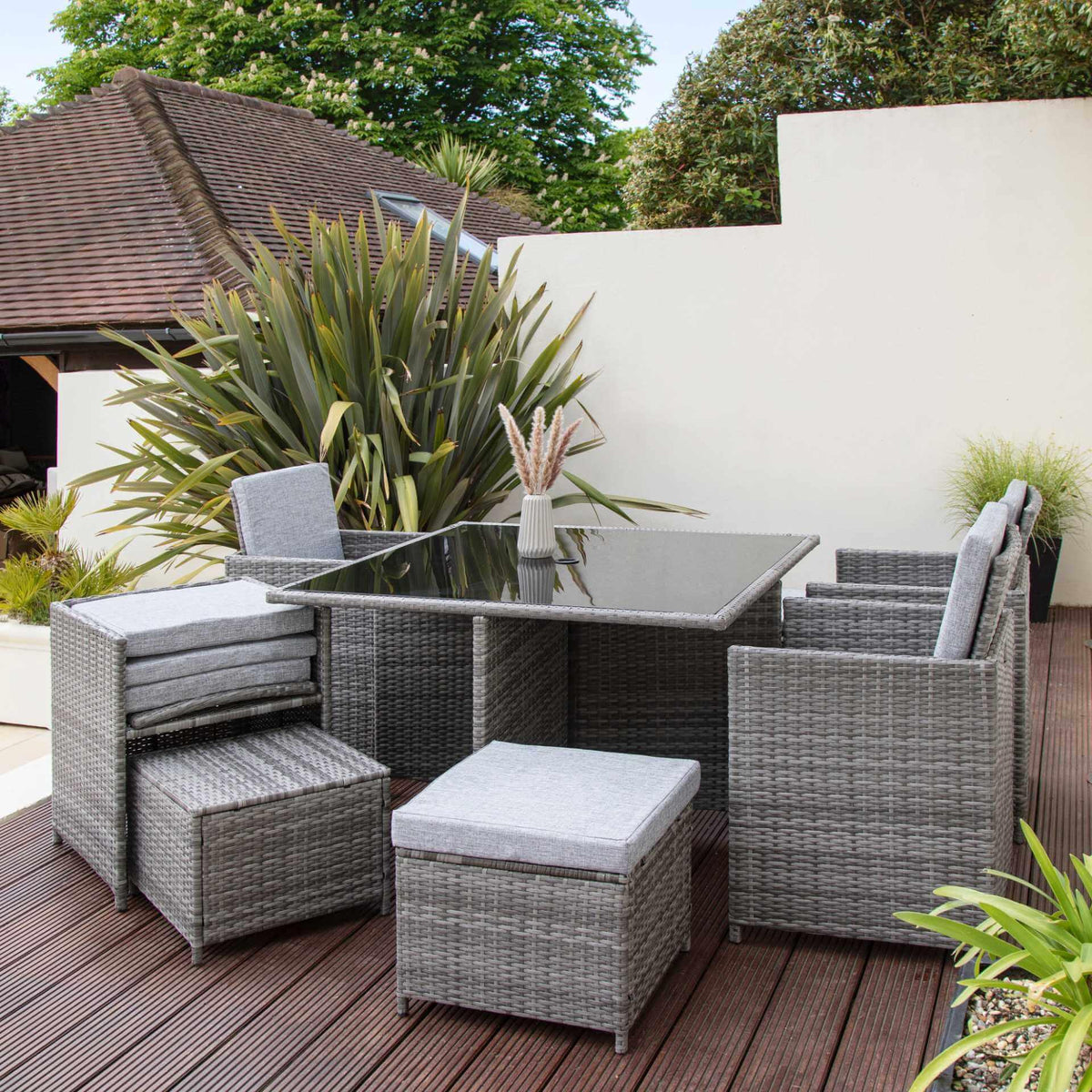 Cube 8 Seater Rattan Outdoor Dining Set - Grey Weave with Grey Cushion ...