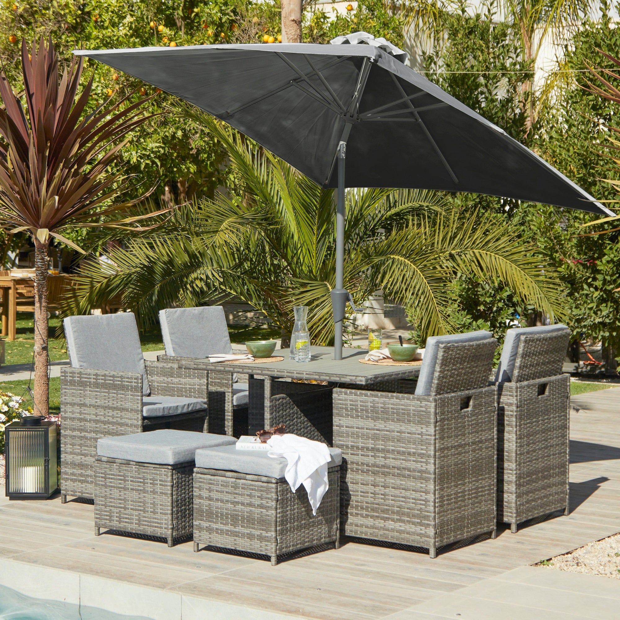Cube Grey Polywood Garden Furniture Dining Set with Parasol - Laura James