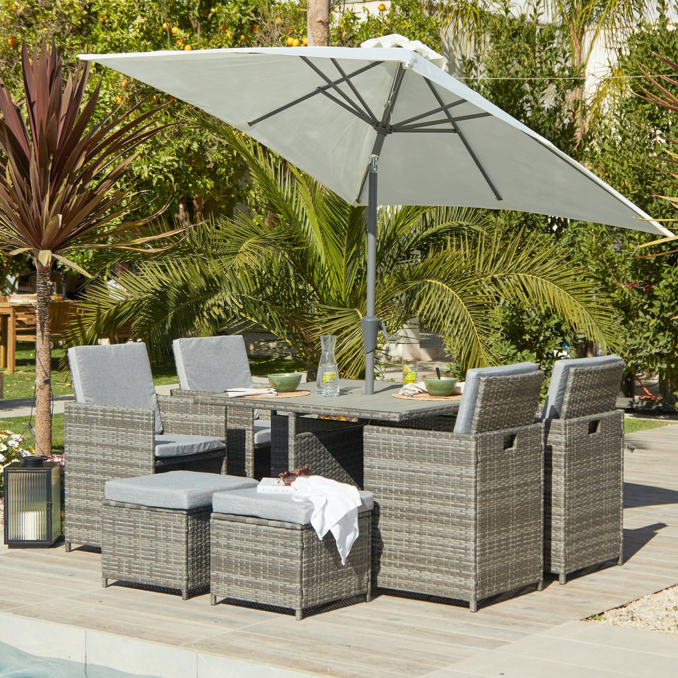Cube 8 Seater Rattan Outdoor Dining Set with Cream Parasol - Grey Weav ...