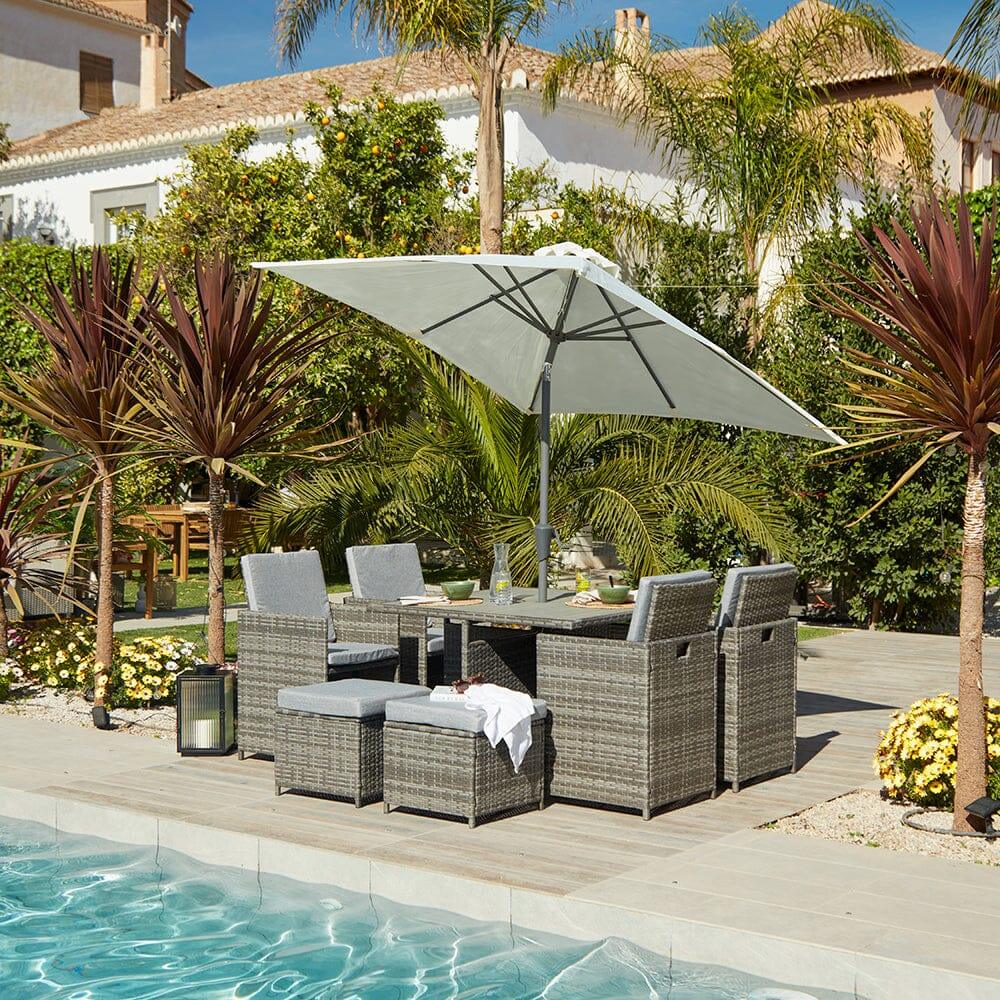 8 Seater Rattan Cube Outdoor Dining Set with Cream Parasol Grey Weav Laura James