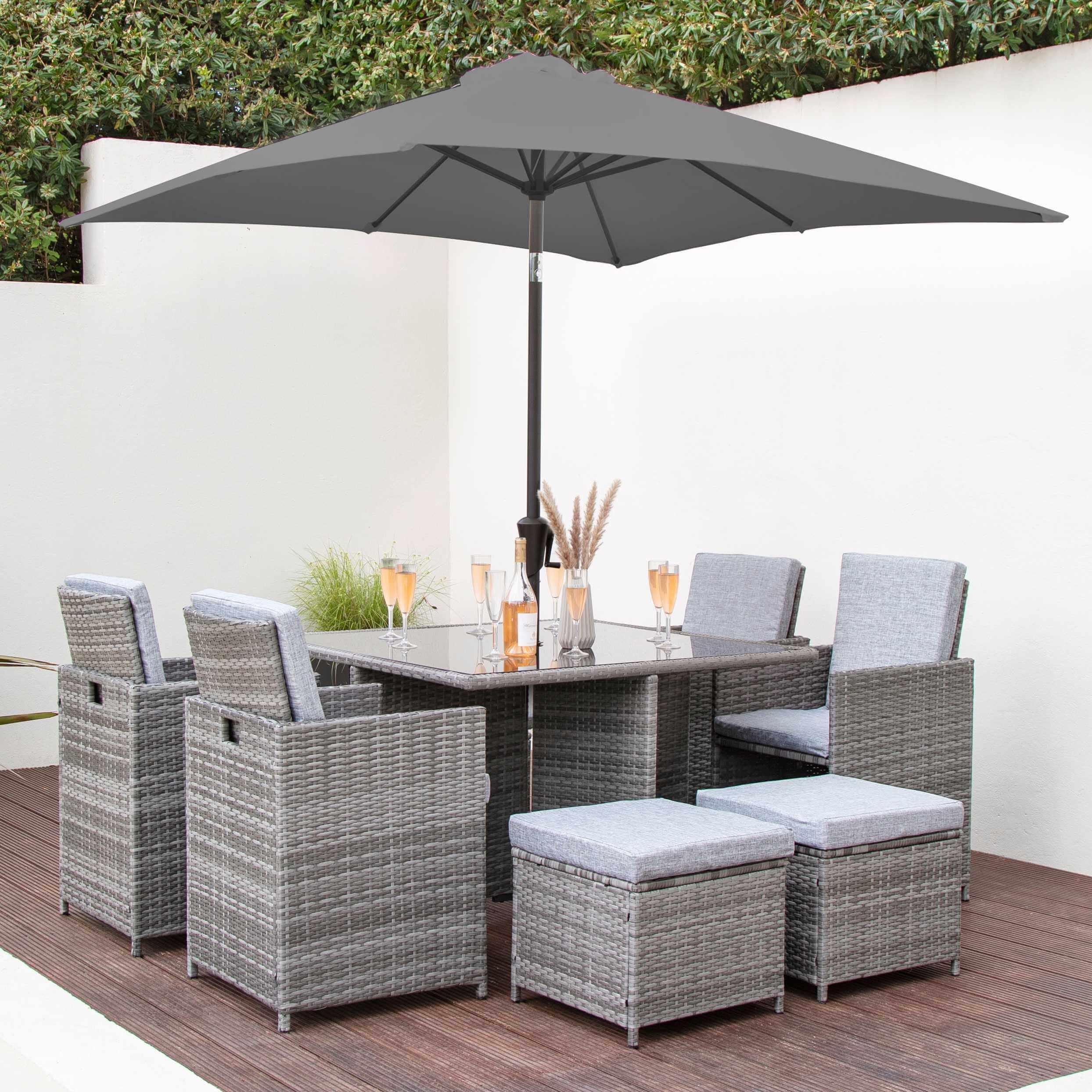 Cube Seater Rattan Outdoor Dining Set with Grey Parasol Grey