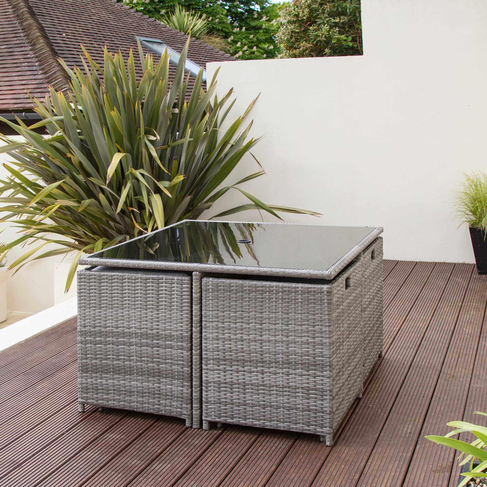 8 Seater Rattan Cube Outdoor Dining Set with Grey Parasol Grey Weave Laura James