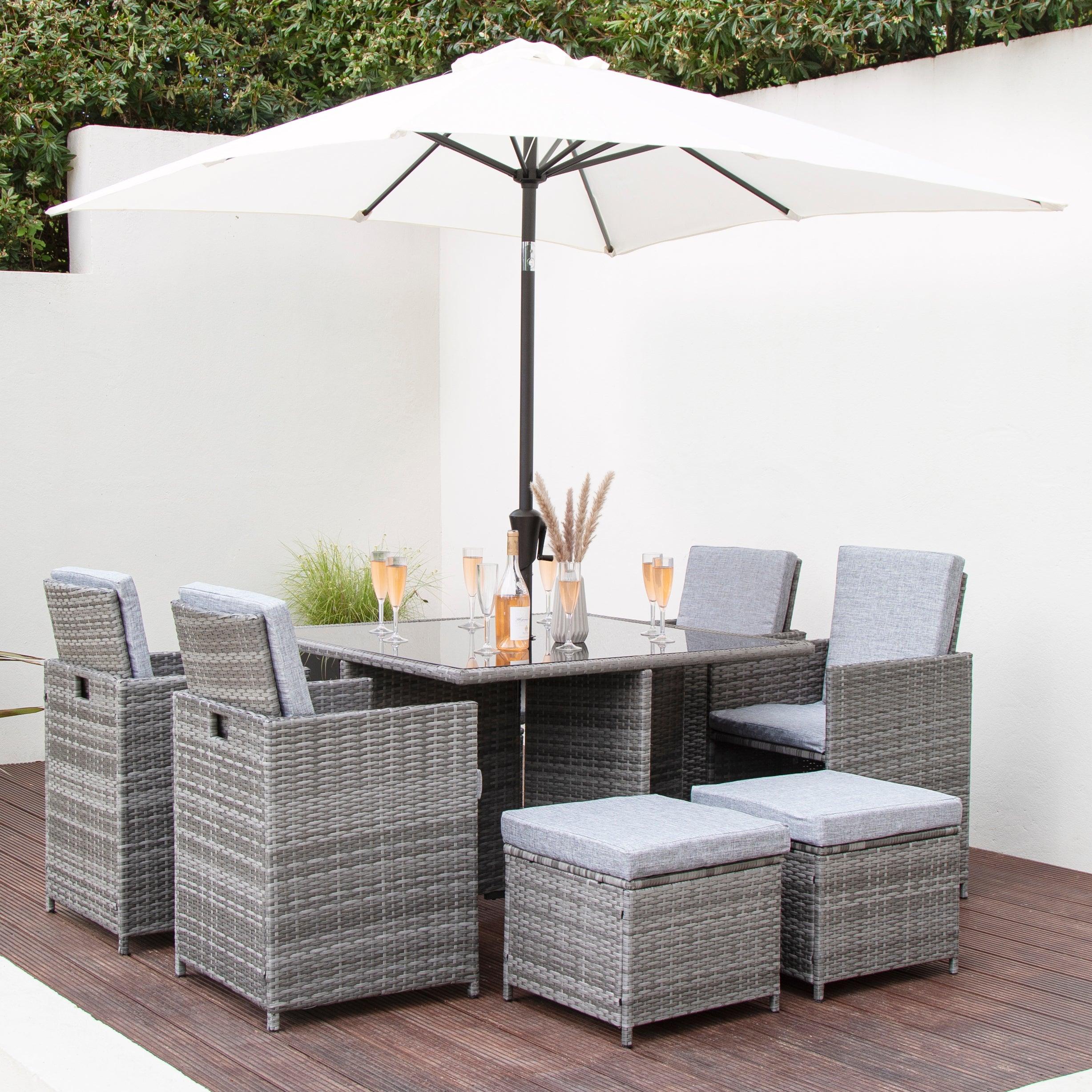 Grey rattan cube with parasol hotsell