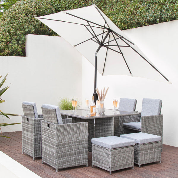 8 Seater Rattan Cube Outdoor Dining Set with Parasol Grey Weave Laura James