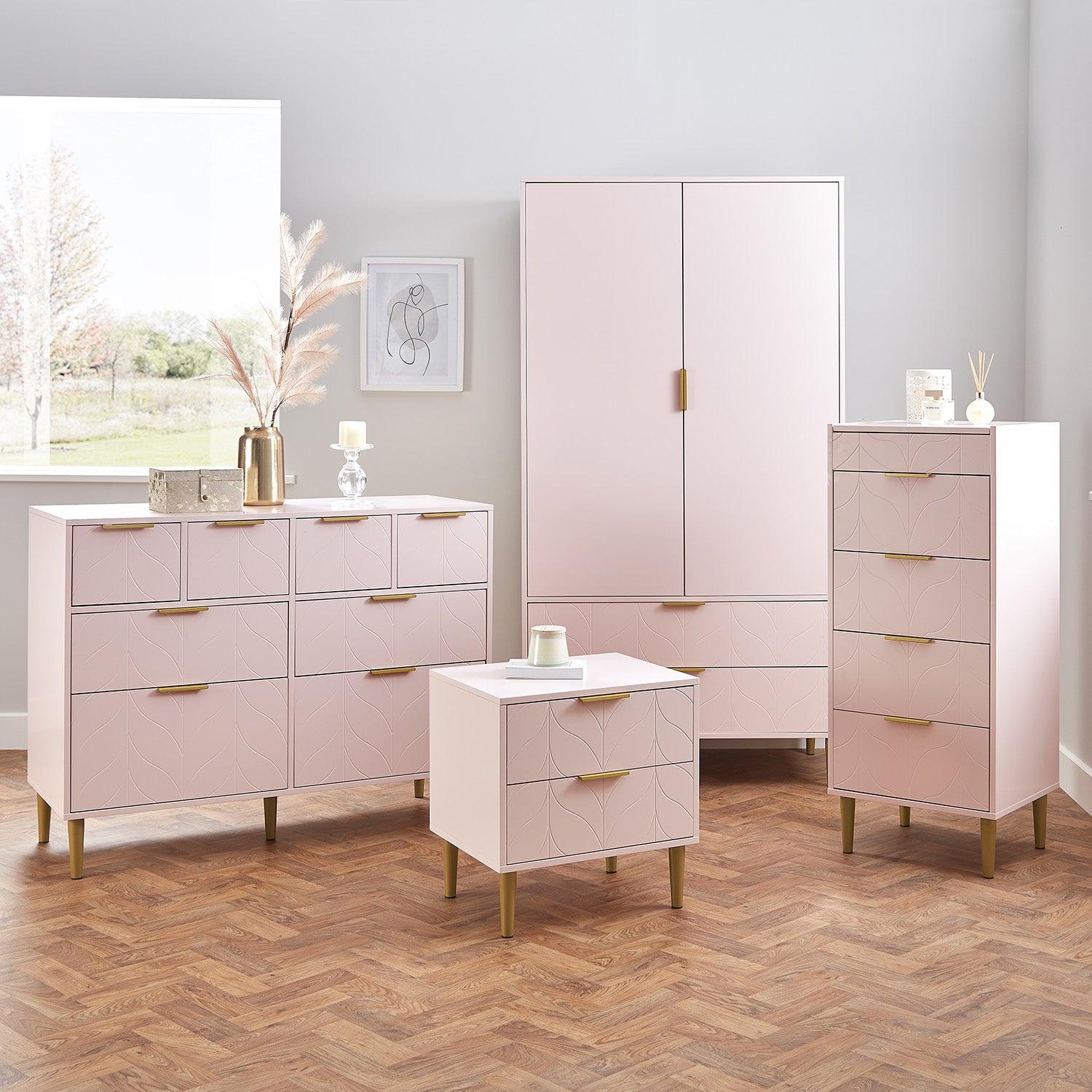 Gloria 4 piece bedroom furniture set 4 over 4 chest of drawers pale pink