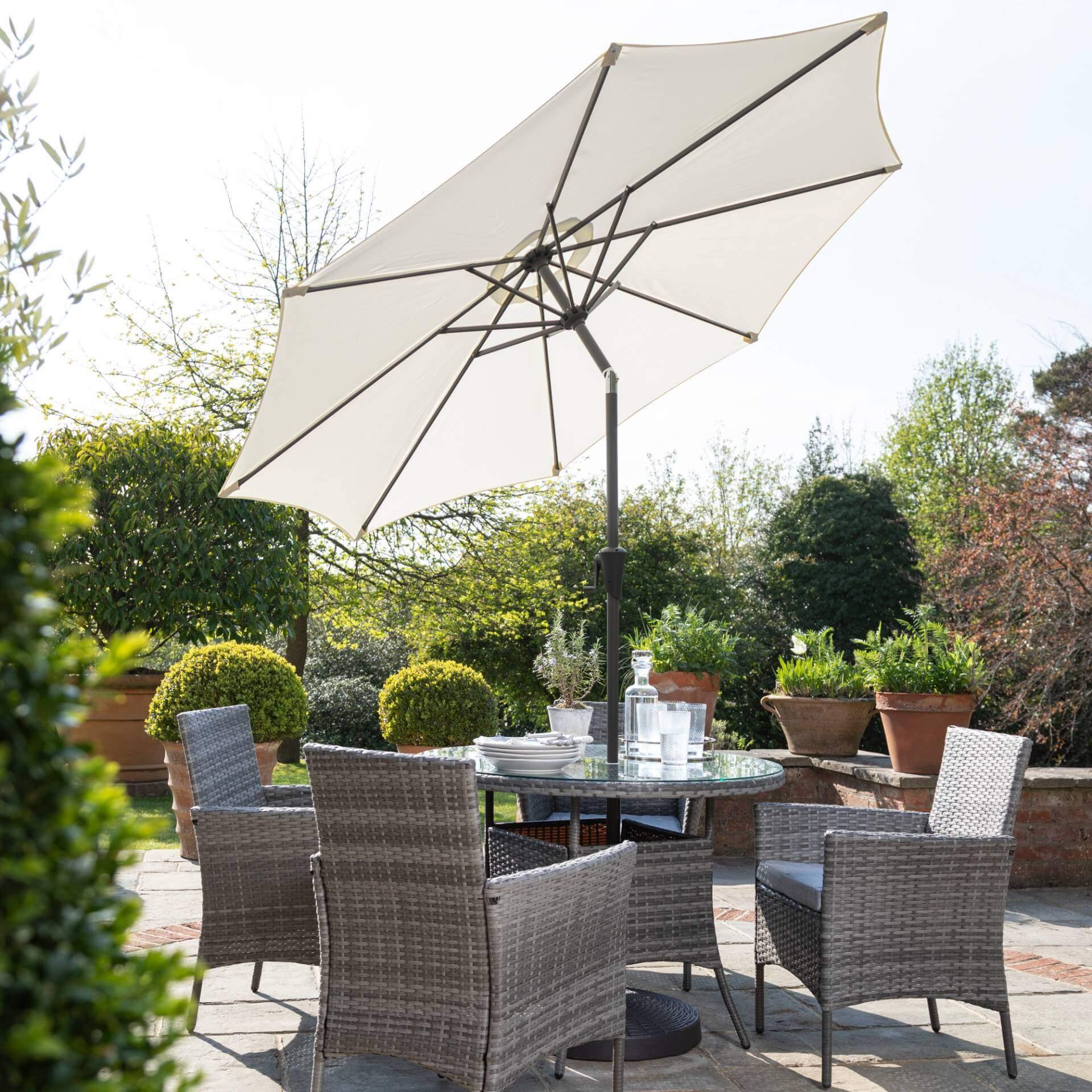 Kemble 4 Seater Rattan Round Dining Set with LED Premium Parasol and Parasol Rain Cover - Grey - Laura James