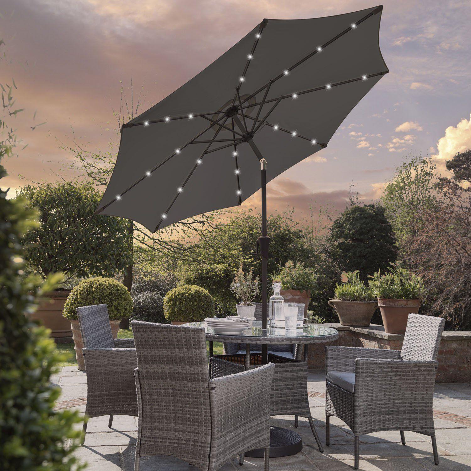 Kemble 4 Seater Rattan Round Dining Set LED Premium Parasol & Parasol Rain Cover Weave