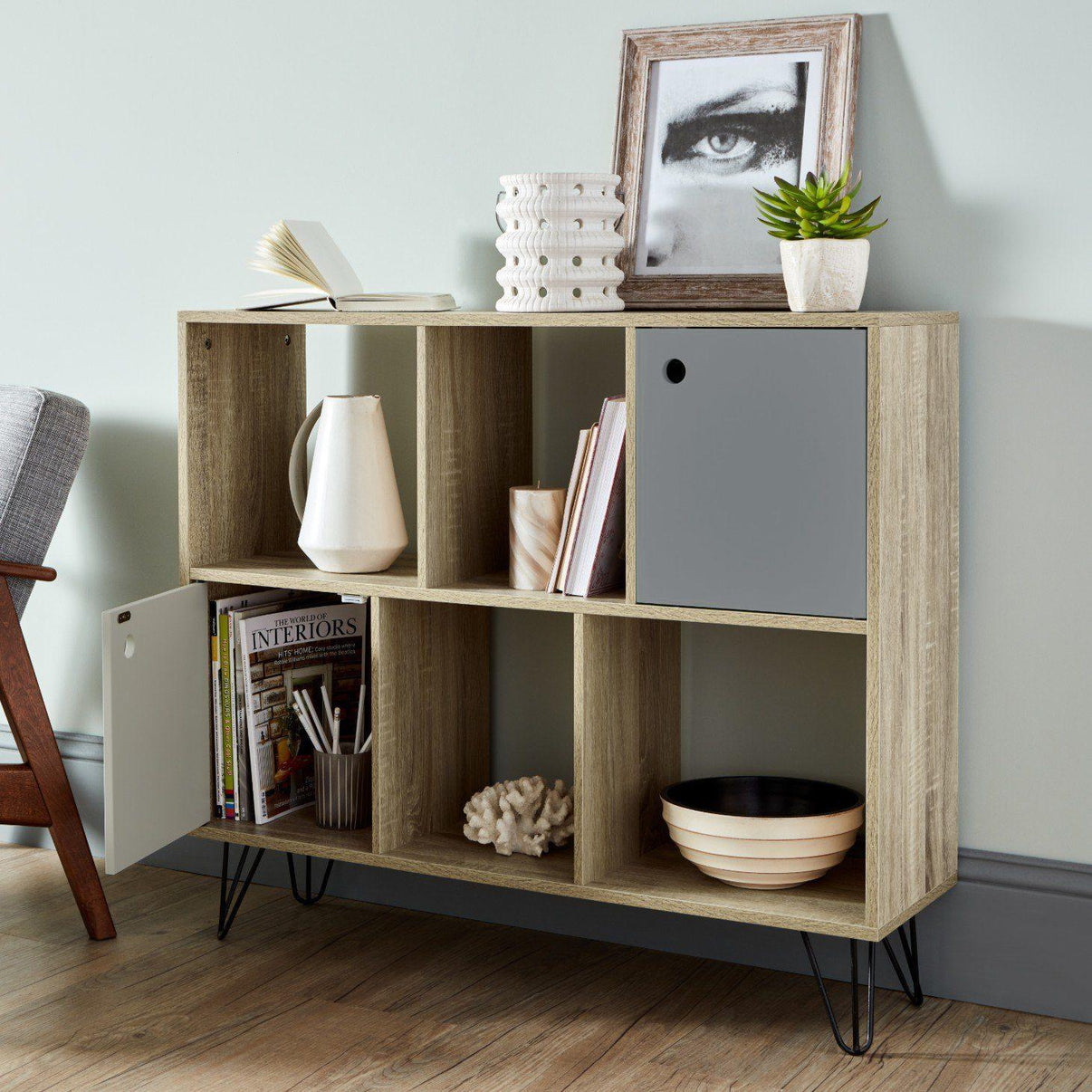 Anderson Cube Storage Unit Oak Effect with Grey Cupboards Laura James