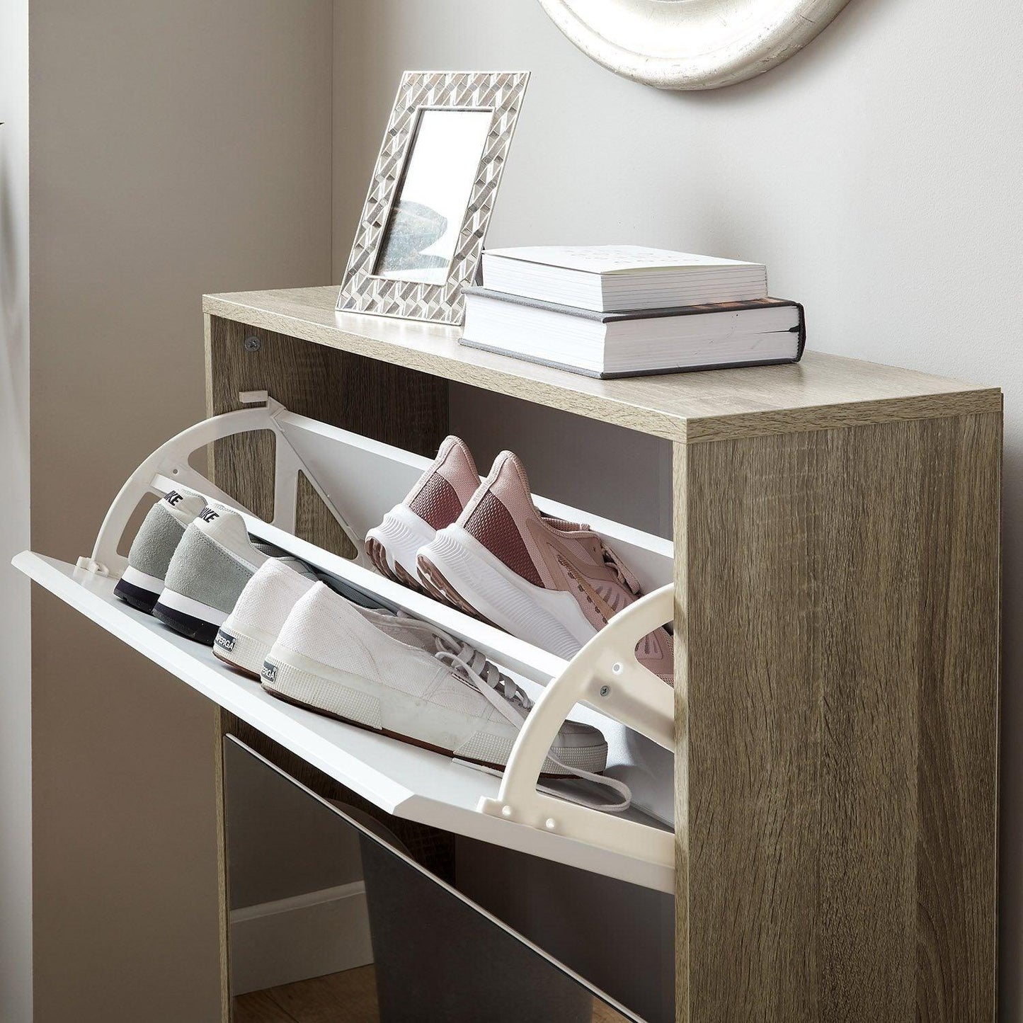 Anderson shoe cabinet - 2 door - oak effect and white - Laura James