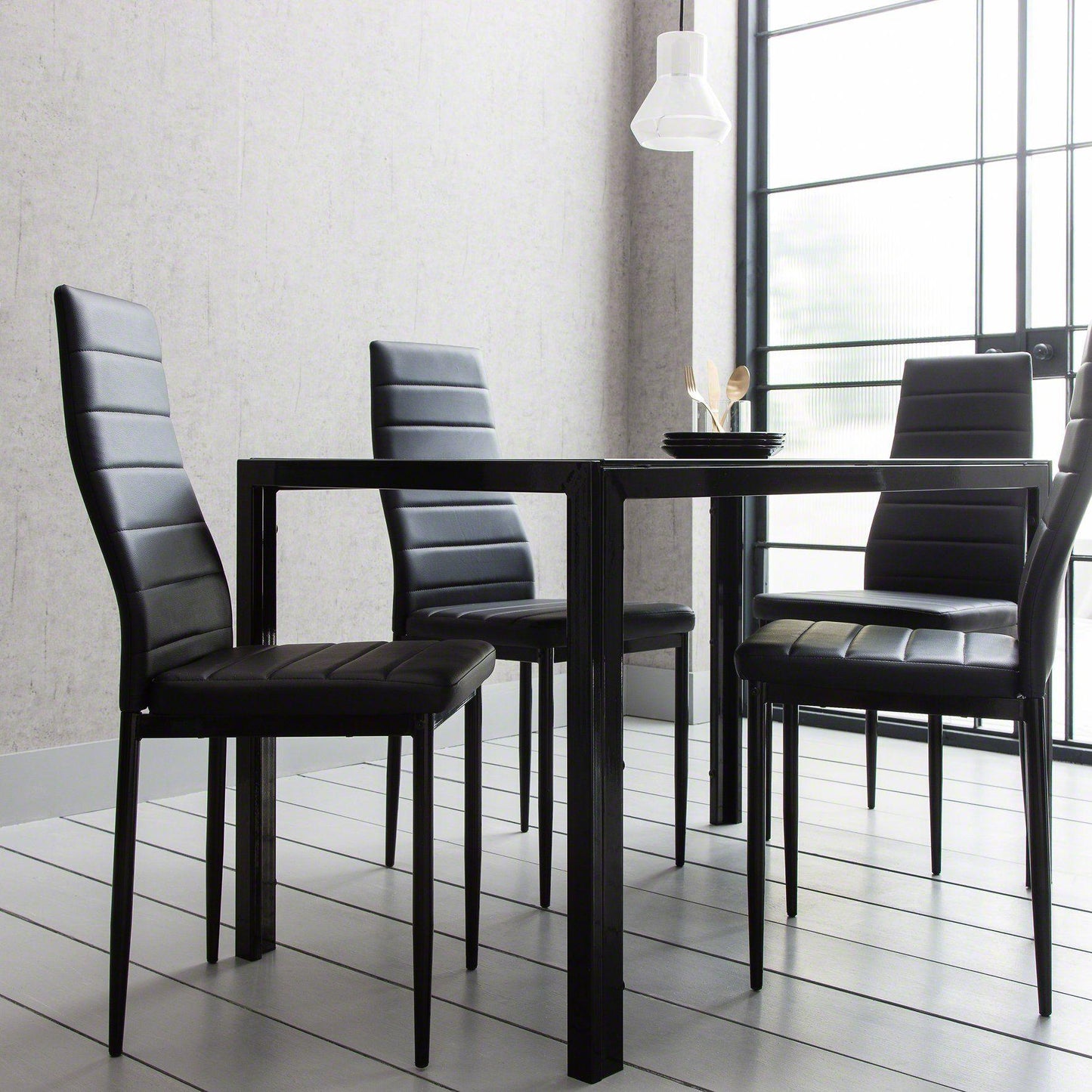 Glass Dining Table Set With 4 Black Chairs Set - Laura James