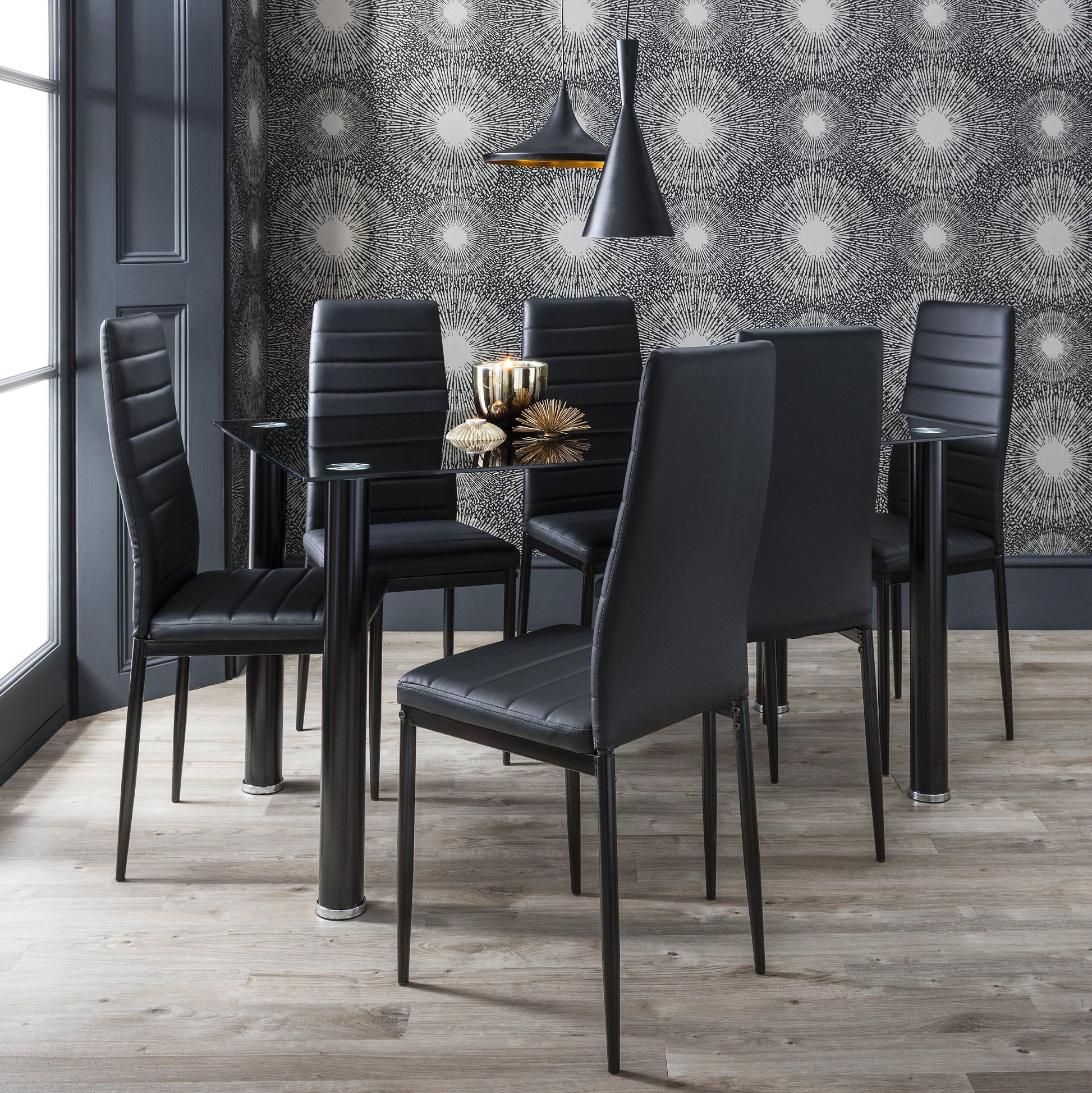 Glass Dining Table Set and Six Black Chairs Set  - Laura James