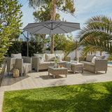 Aria 7 Seater Light Grey Rattan Sofa Set with Grey Lean Over Parasol - Laura James
