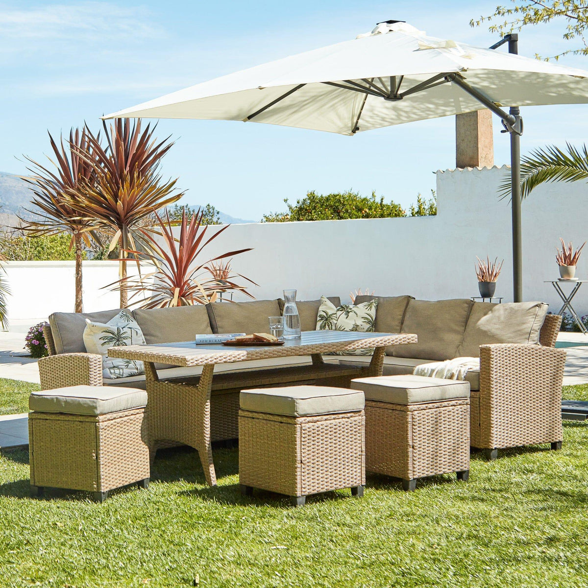 Aston 9 Seater Rattan Corner Sofa Set Cream Parasol - Natural Brown ...