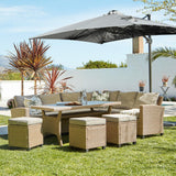 Aston rattan Corner Sofa Set premium grey LED parasol - 9 seater - natural brown - polywood table top