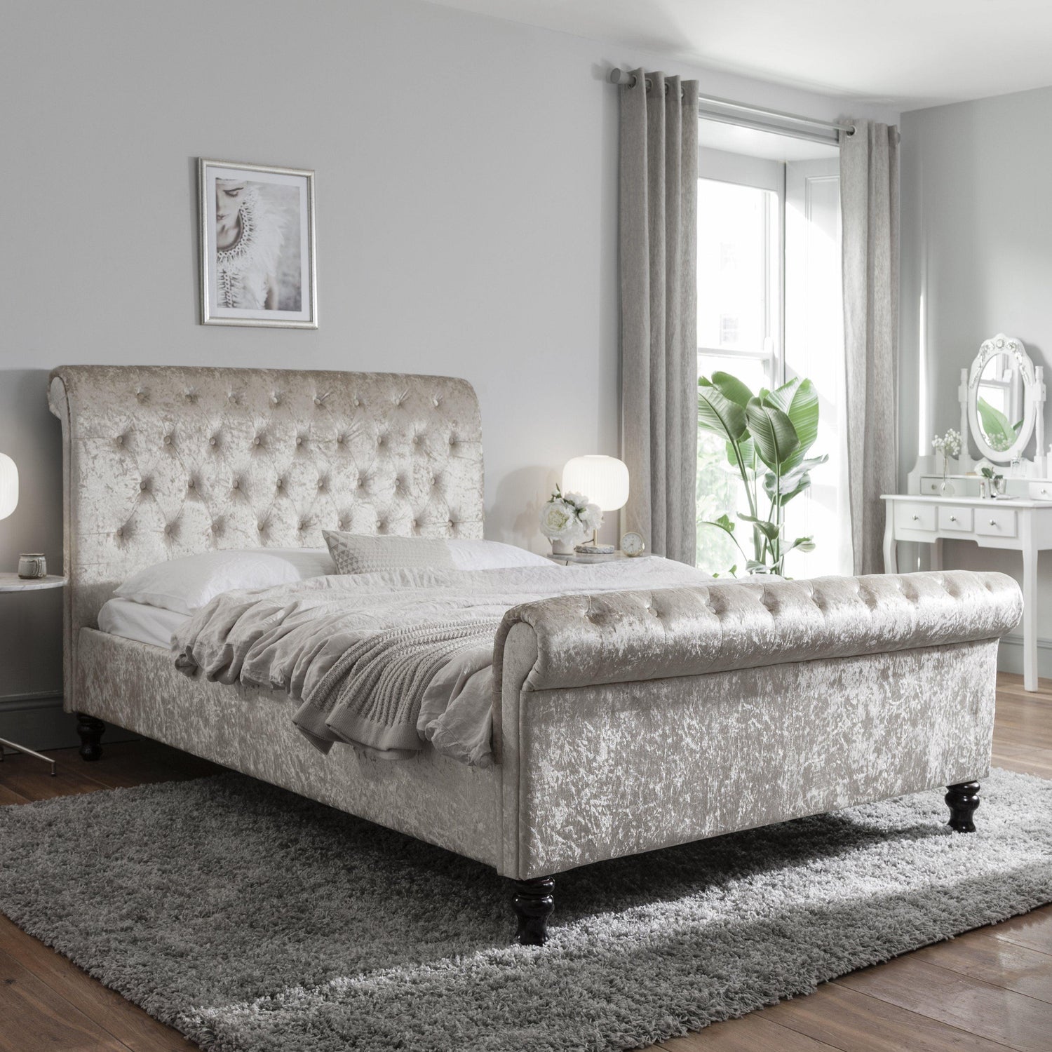 Double Crushed Velvet Sleigh Bed Frame - Champagne - Laura James