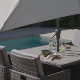 8 Seater Rattan Cube Outdoor Dining Set Premium LED Grey Parasol - Grey Weave Polywood Top
