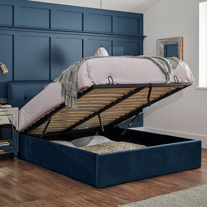 Blue velvet double storage ottoman bed frame - Laura James