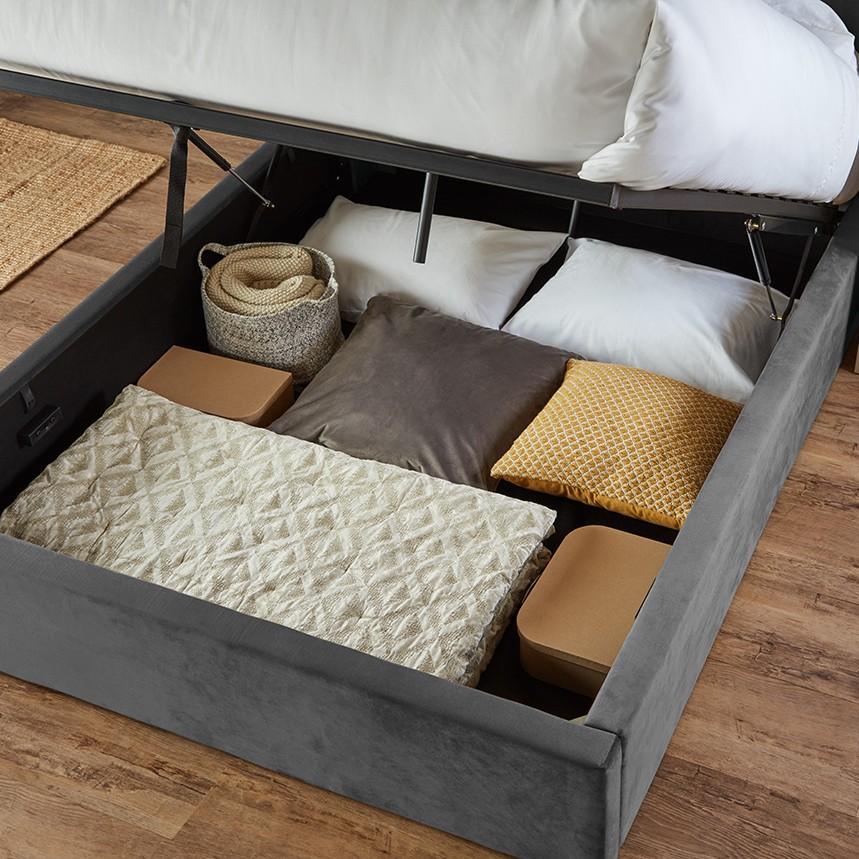 Grey velvet double storage ottoman bed frame - Laura James