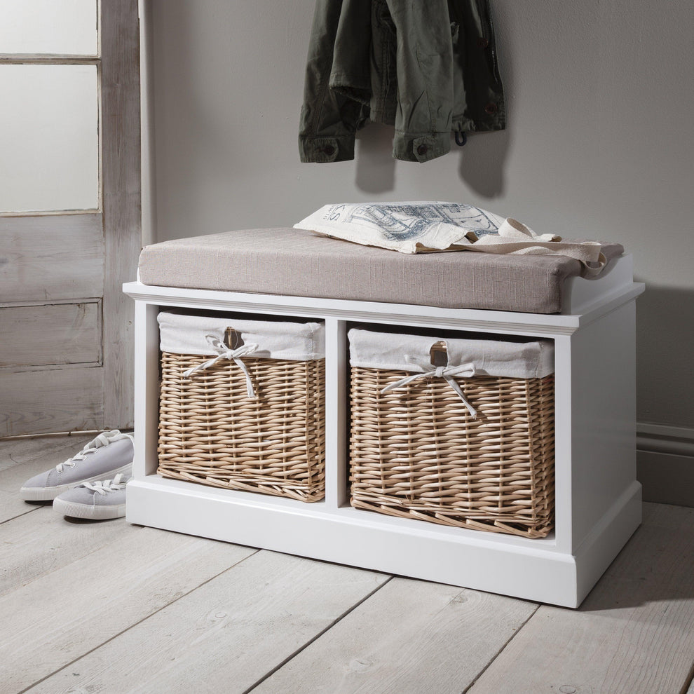 Fyfield Hallway Shoe Storage Bench in White with cushion Laura James