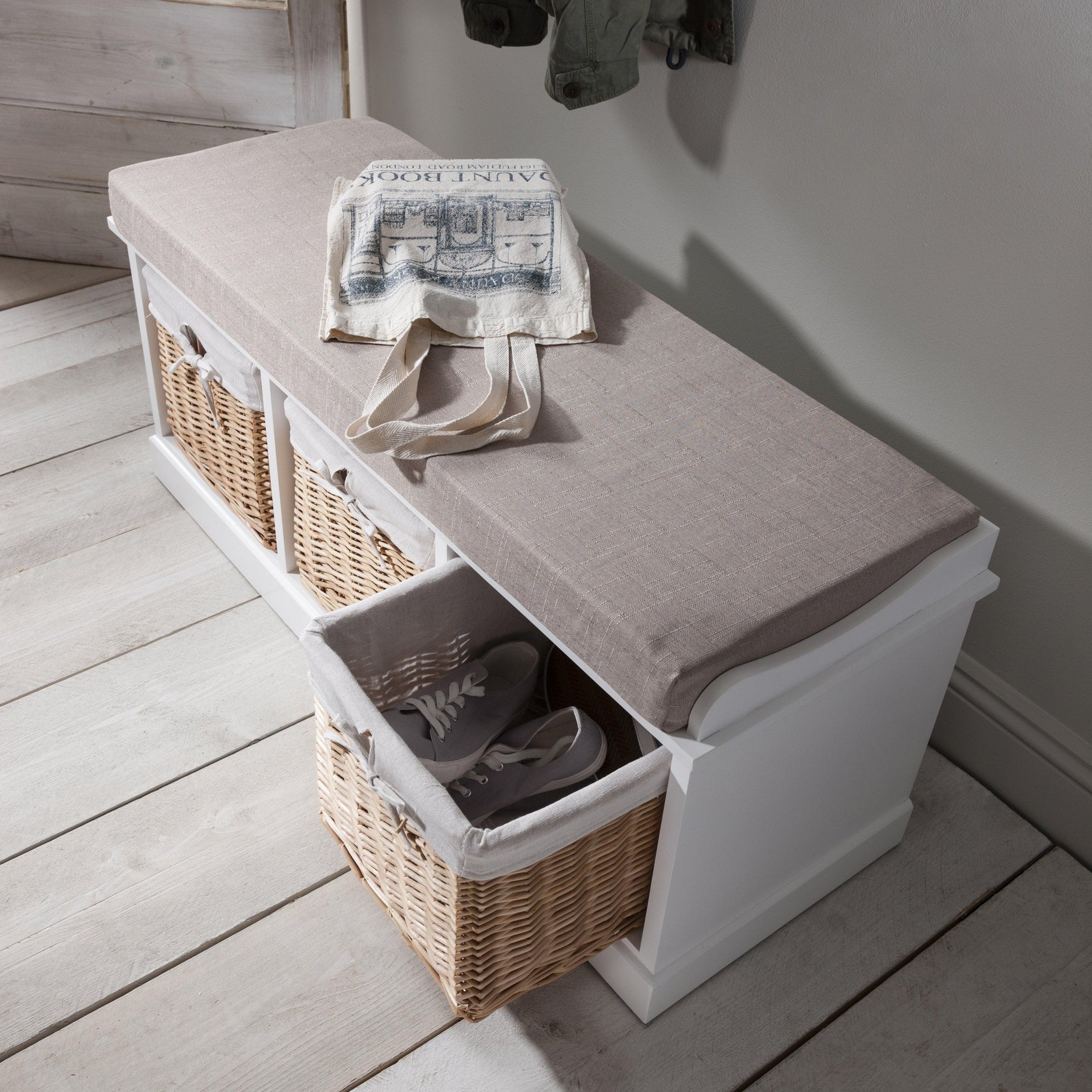 Fyfield Hallway Storage Bench in White with Cushion Laura James