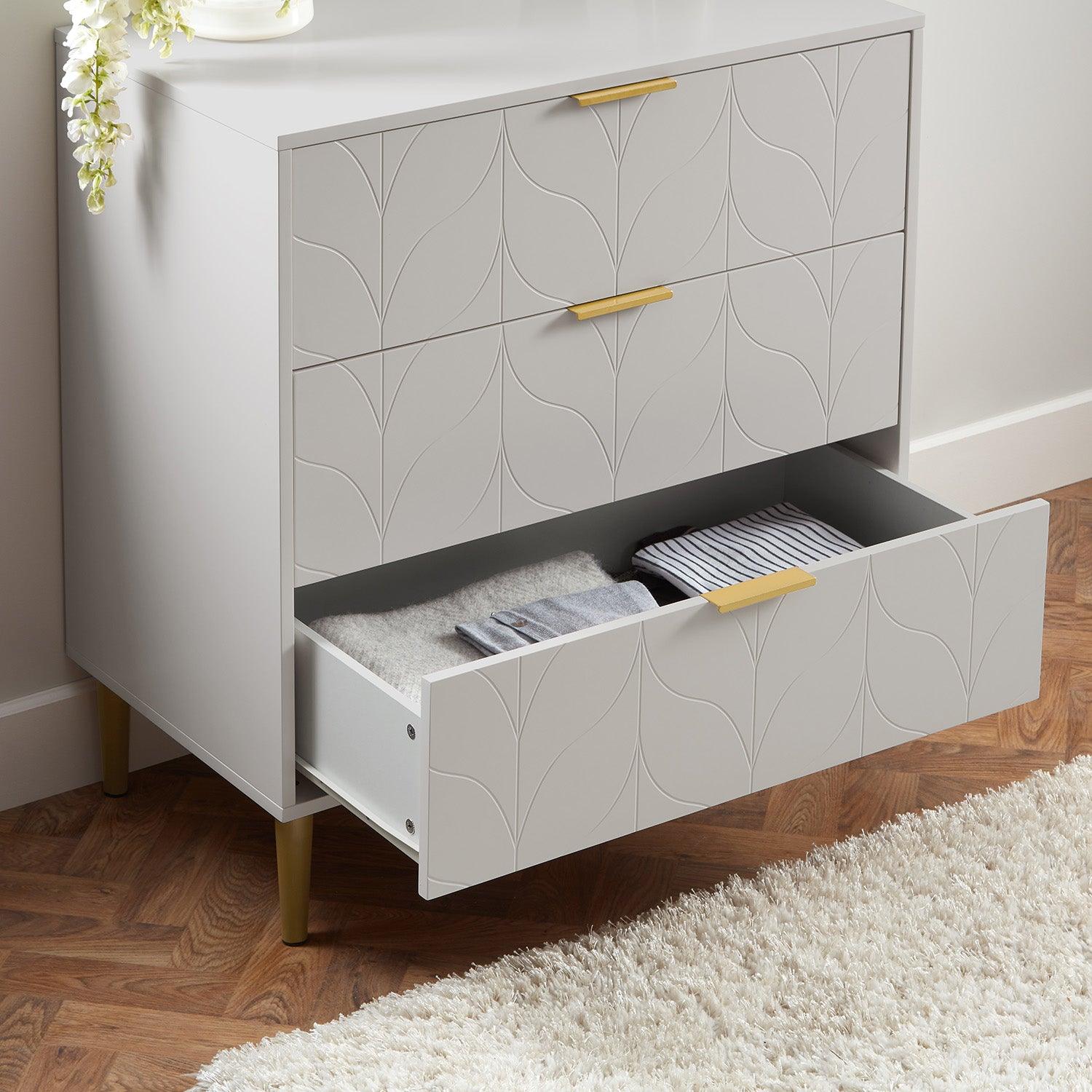Gloria 3 Drawer Chest of Drawers Grey Brass Effect Laura James