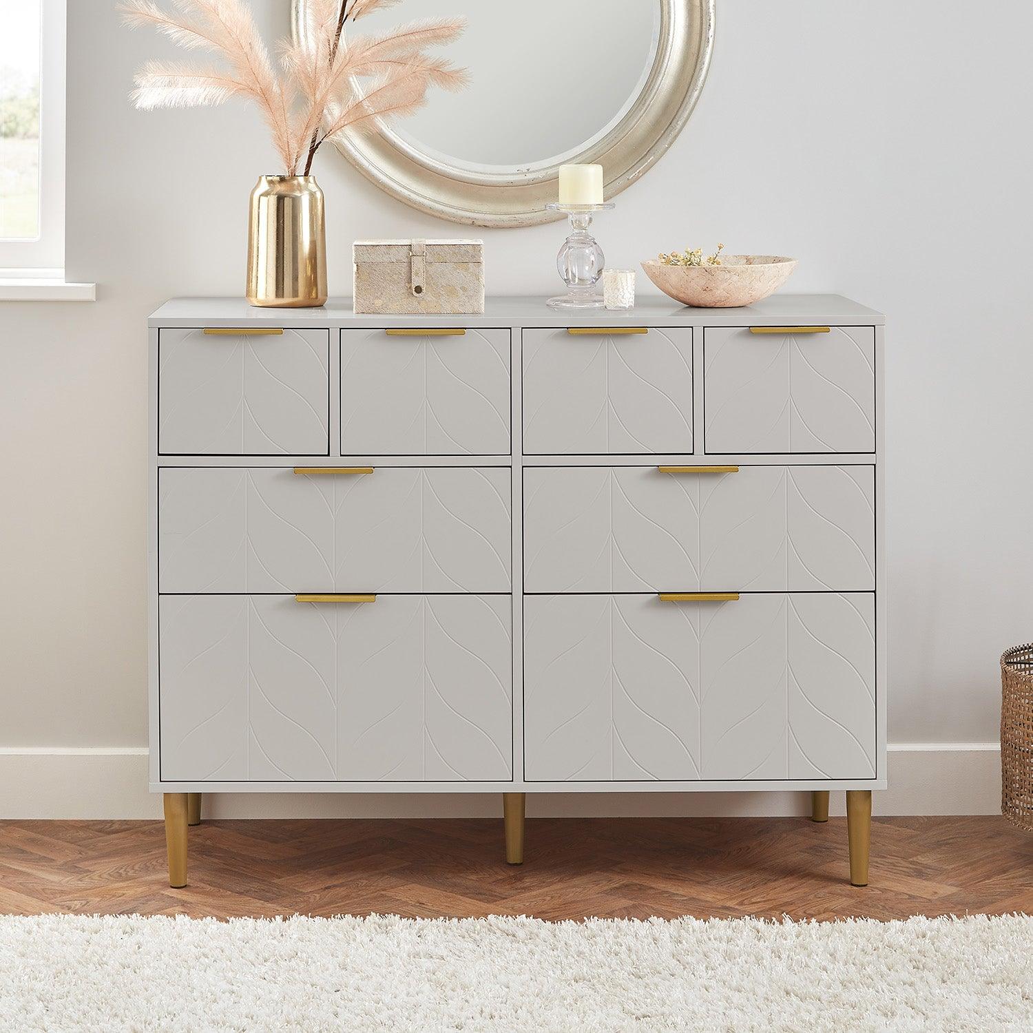 Gloria 8 Drawer Chest of Drawers - Grey & Brass Effect – Laura James