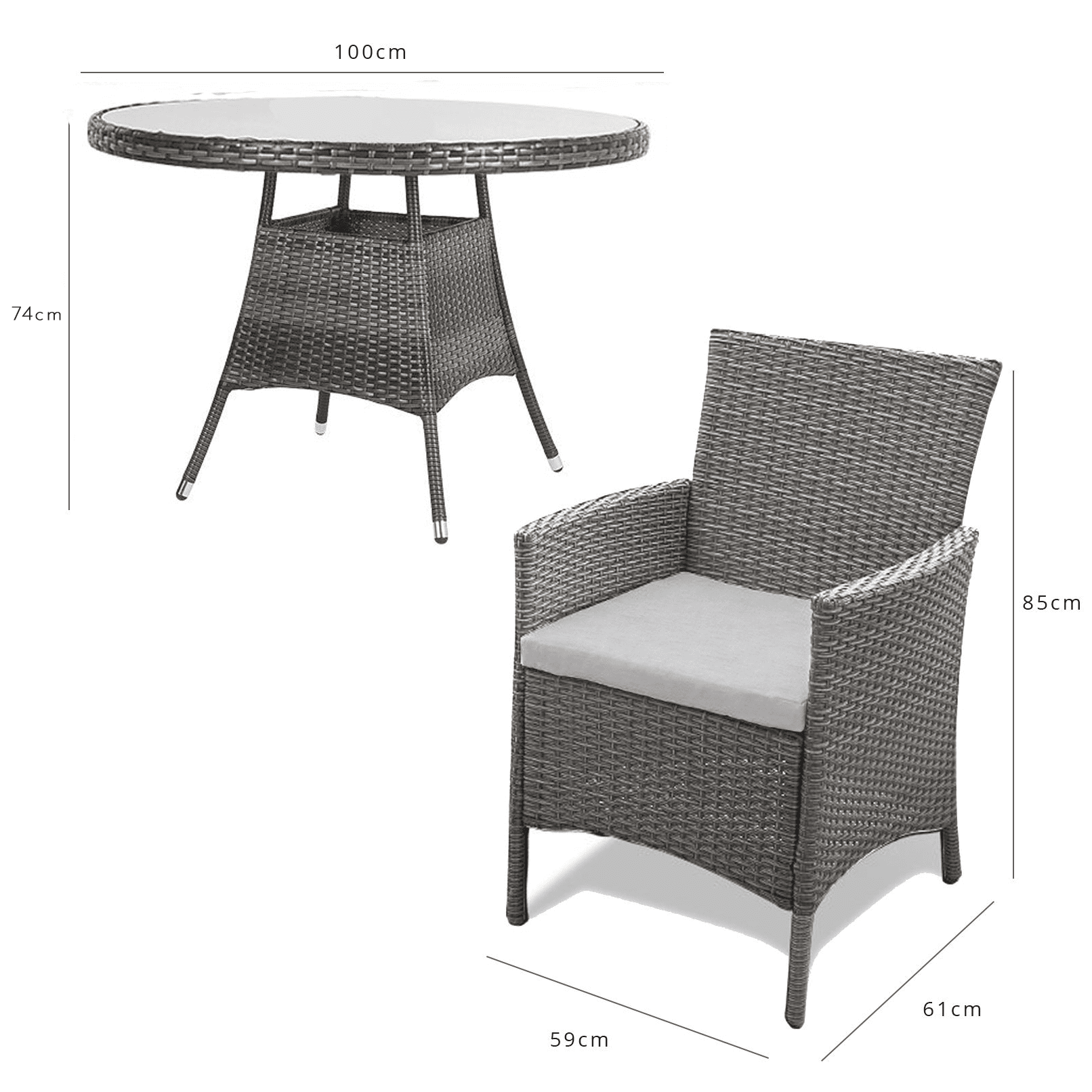 Kemble 4 Seater Rattan Round Dining Set in Grey with Parasol - Laura James