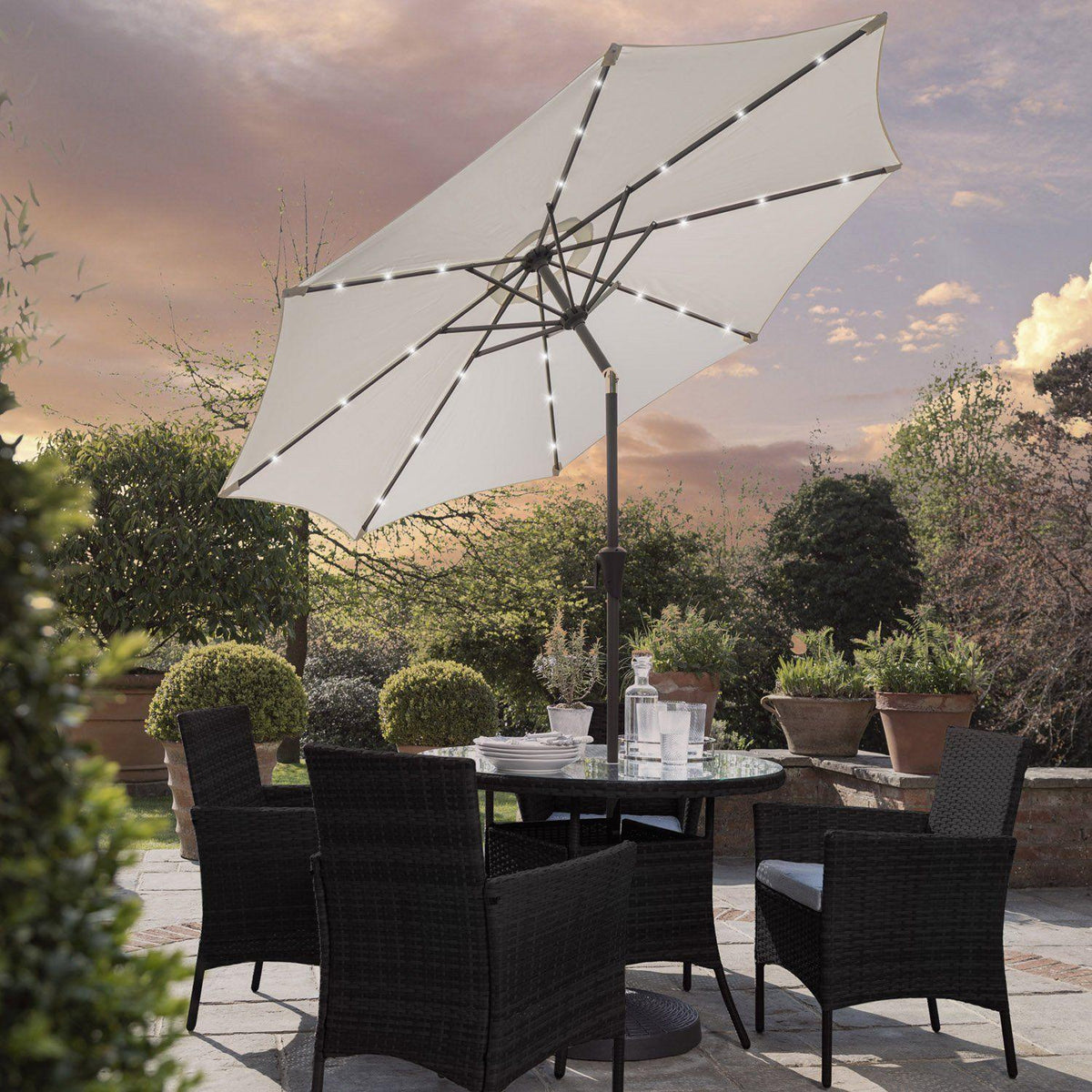 Kemble 4 Seater Rattan Round Dining Set Cream LED Premium Parasol & Parasol Rain Cover Weave