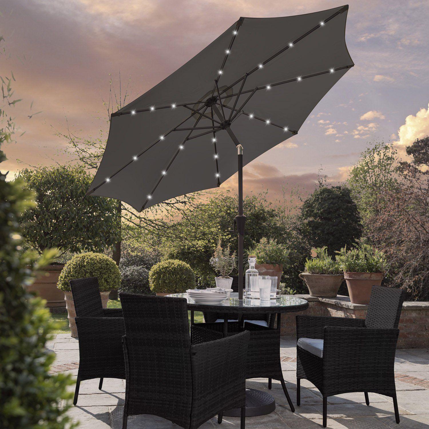 Kemble 4 Seater Rattan Round Dining Set Grey LED Premium Parasol & Parasol Rain Cover Weave