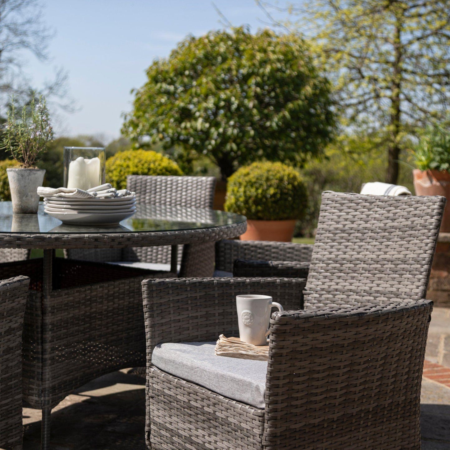 6 Seater Rattan Round Dining Set with Parasol - Rattan Garden Furniture - Grey - In Stock Date - 30th June 2020 - Laura James