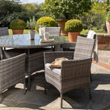 6 Seater Rattan Round Dining Set with Parasol - Rattan Garden Furniture - Grey - Laura James