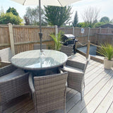 6 Seater Rattan Round Dining Set with Parasol - Rattan Garden Furniture - Grey - Laura James