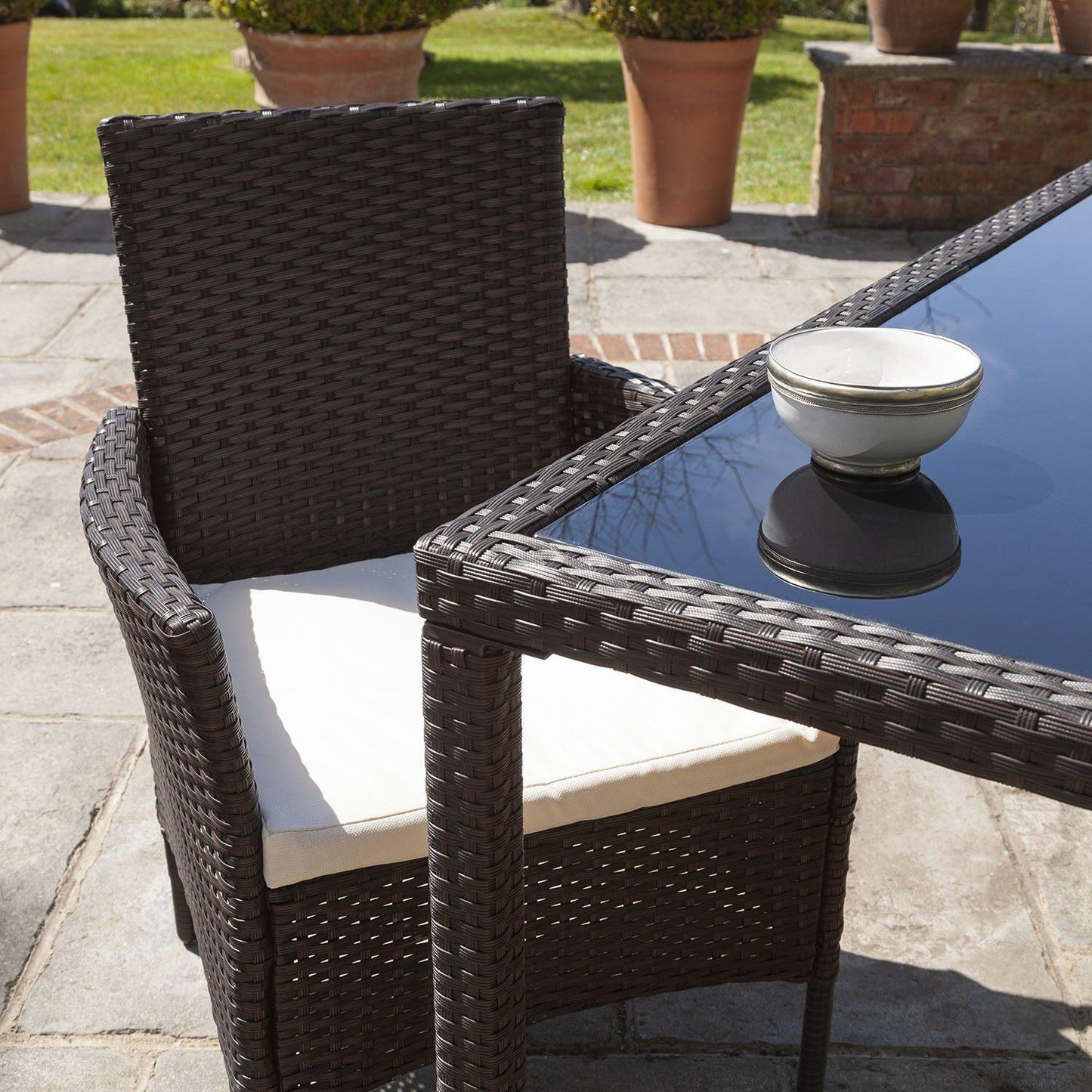 Marston 6 Seater Rattan Dining Set with Cream Parasol - Rattan Garden Furniture - Brown