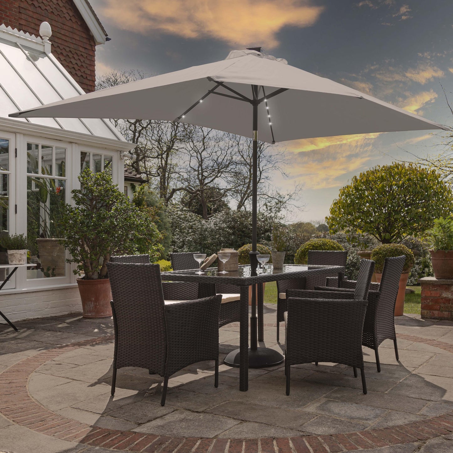 Marston 6 Seater Rattan Dining Set with Grey LED Premium Parasol - Brown - Rattan Garden Furniture - Laura James