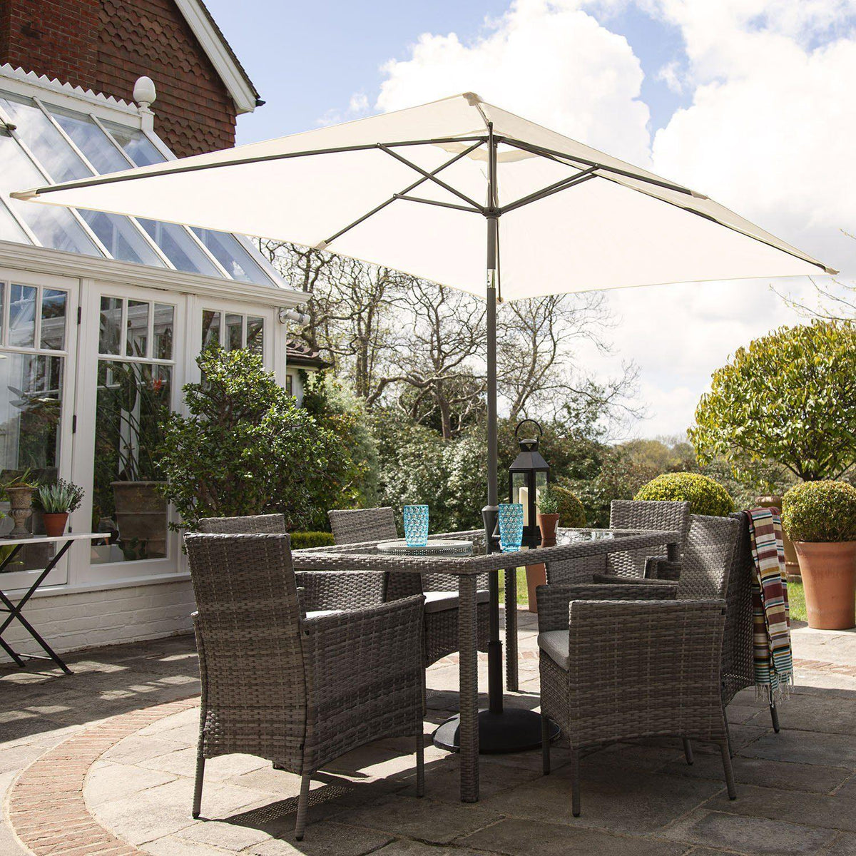 Marston 6 Seater Rattan Garden Dining Set Cream Parasol
