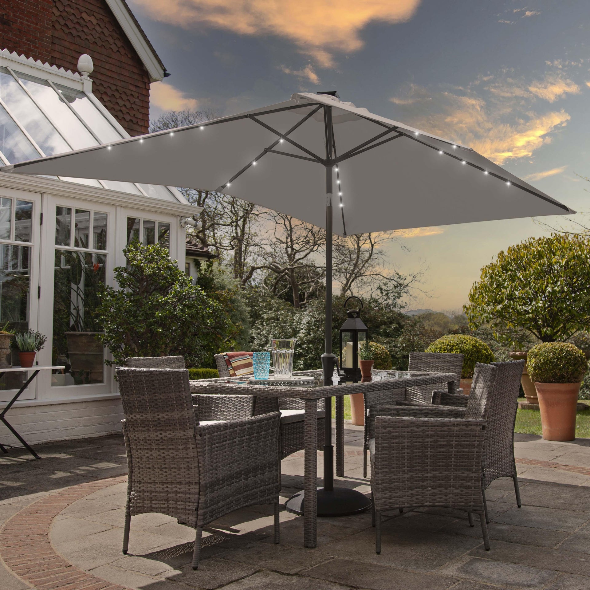 Marston 6 Seater Rattan Garden Dining Set LED Premium Parasol Glass Top