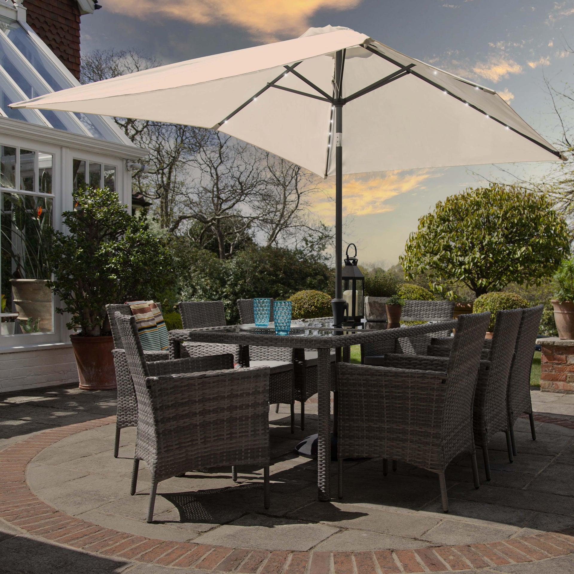 Marston 8 Seater Rattan Garden Dining Set Cream LED Premium Parasol Glass Top