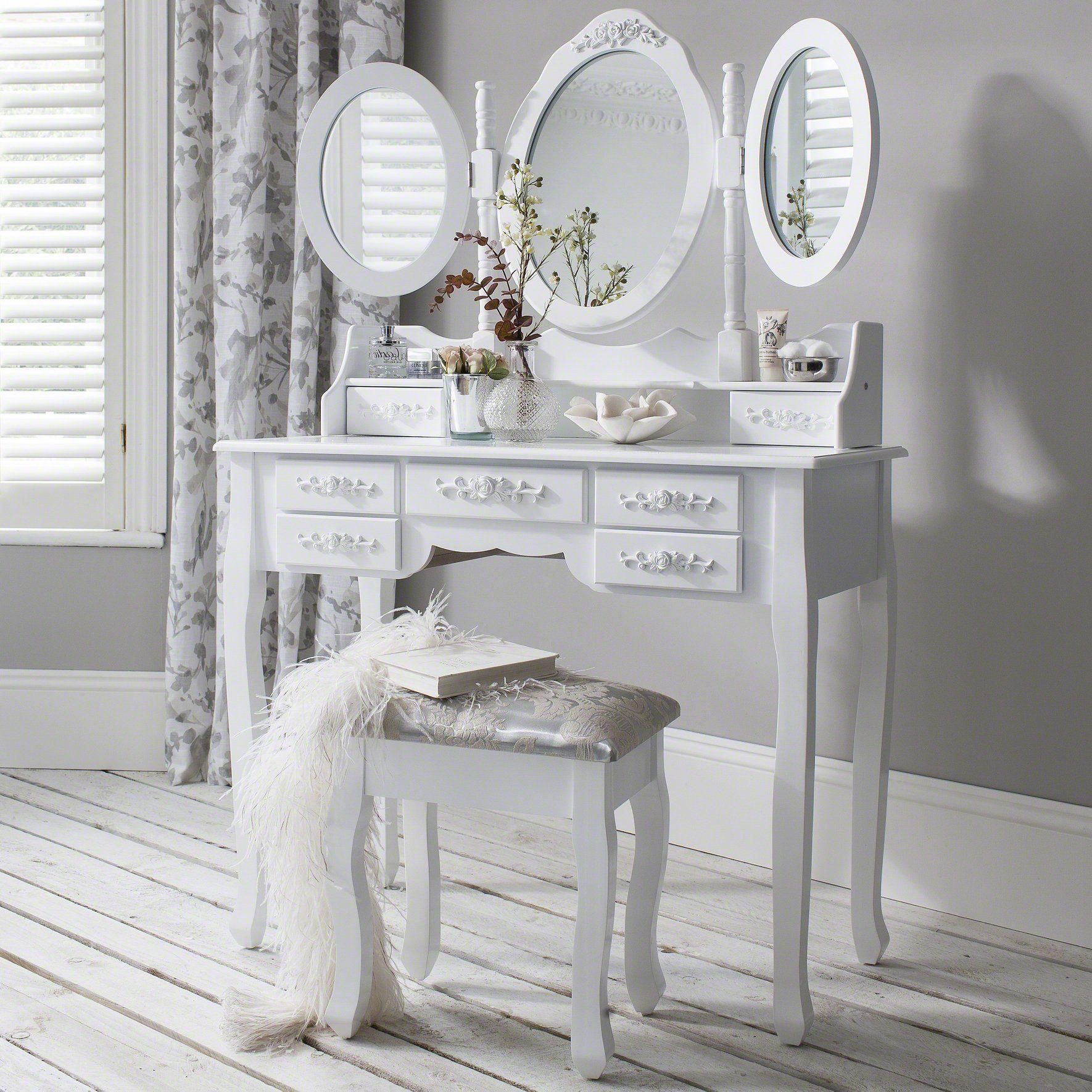 Monaco White Dressing Table with Mirror & Stool Laura James Monaco White Dressing Table with Mirror & Stool Laura James