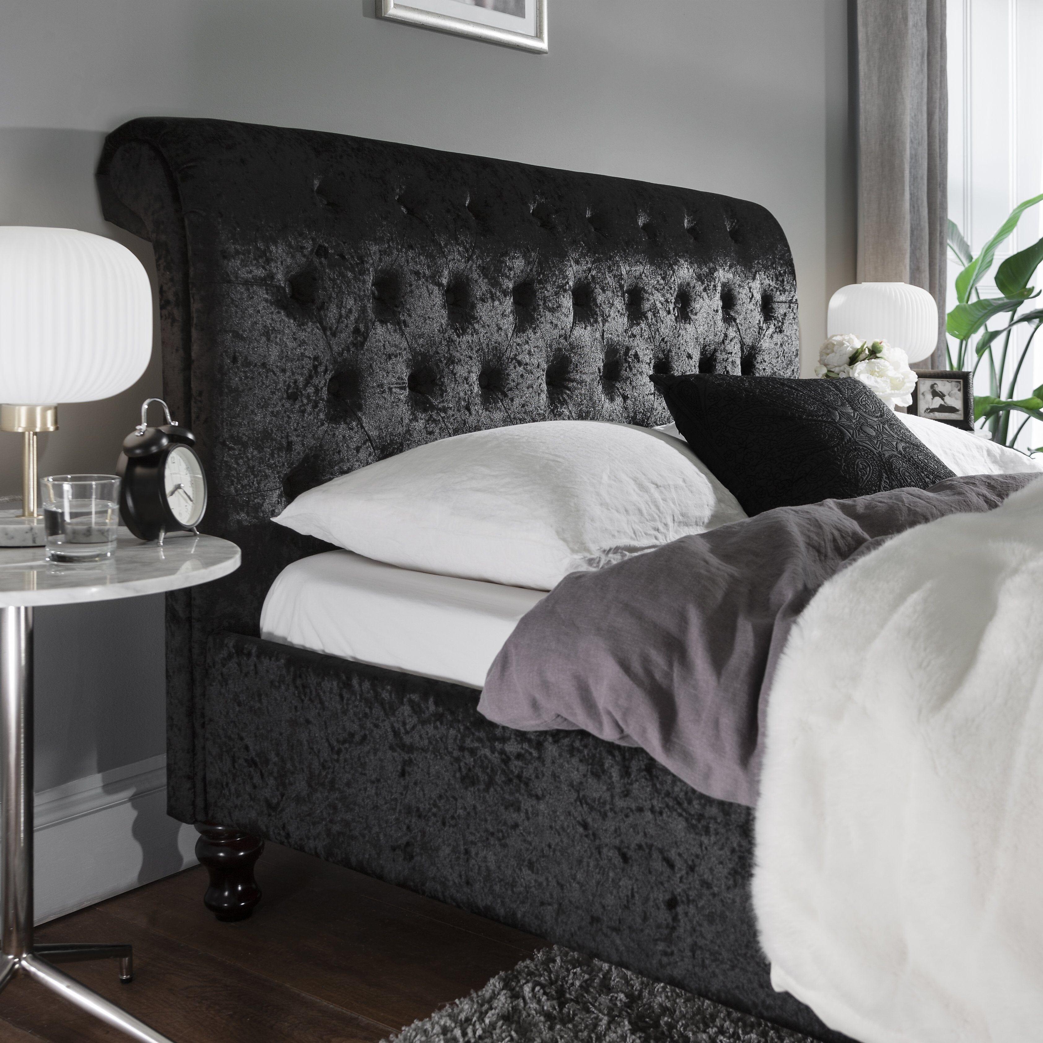 Outlet Black Crushed Velvet Sleigh Bed Frame King Size Laura James