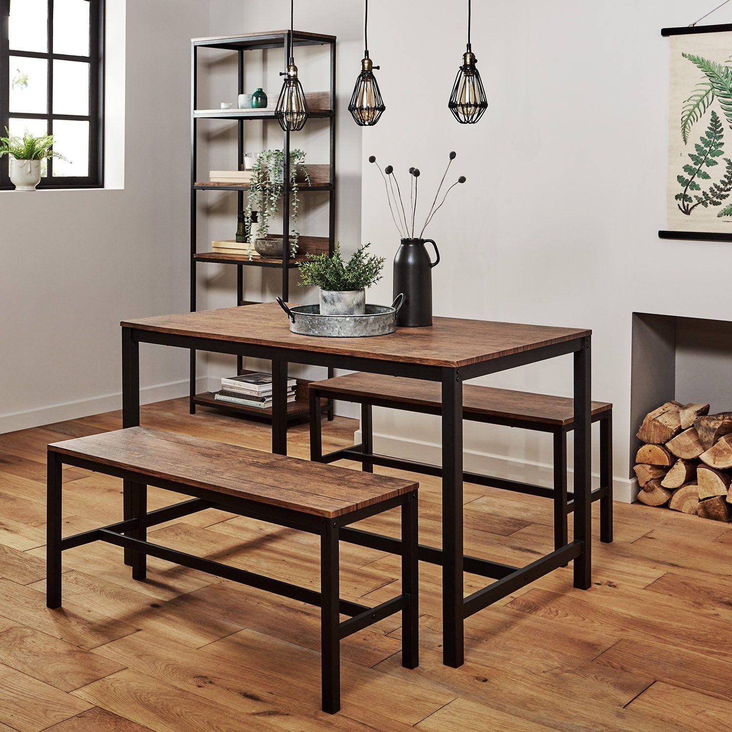 Sheffield Rich Oak Dining Table Set 4 Seater 2 Sheffield Benches Matte Black Legs